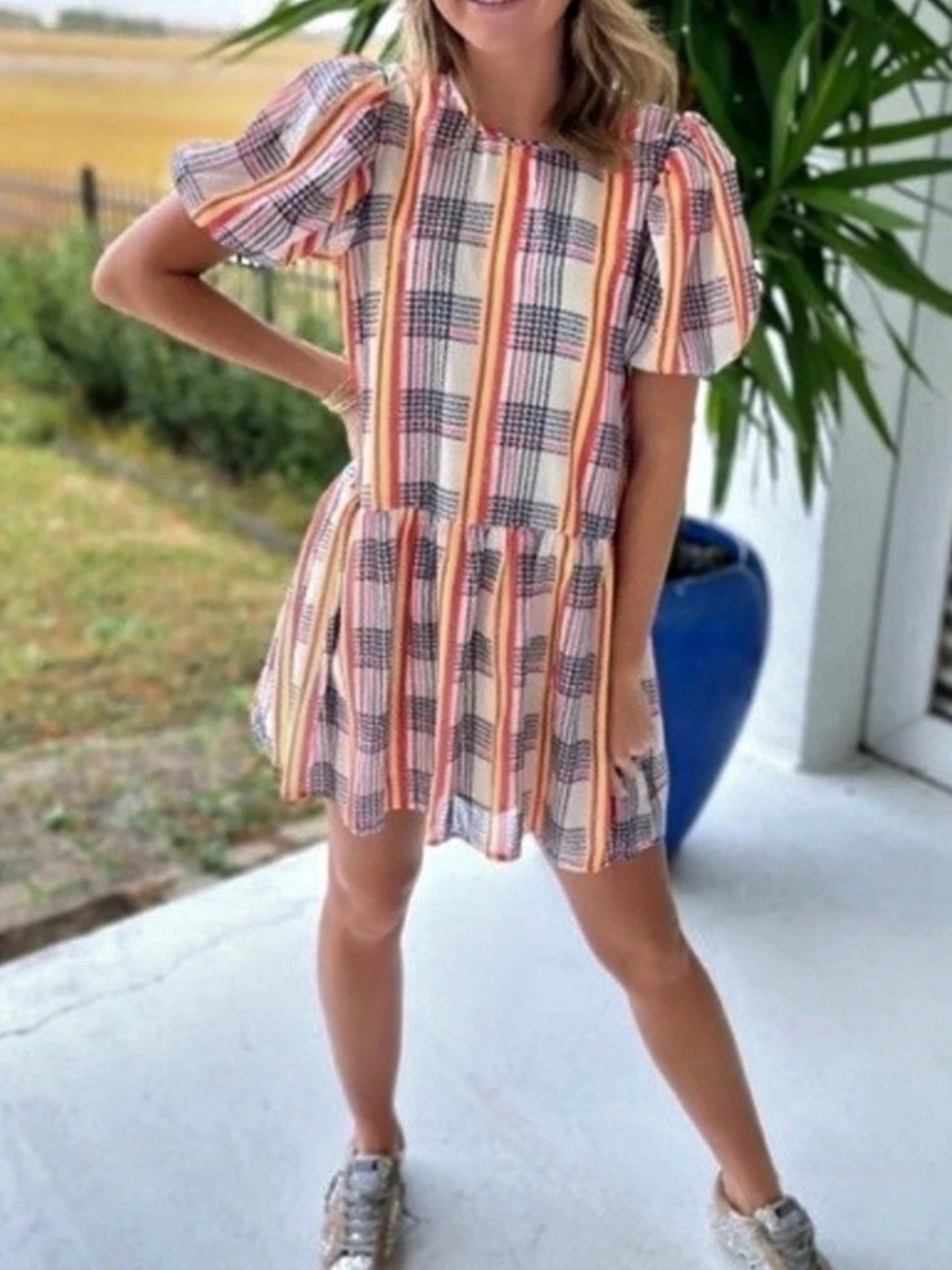 English Factory Sequins Check Mini Dress Checkered Mini Dress in Ivory & Red